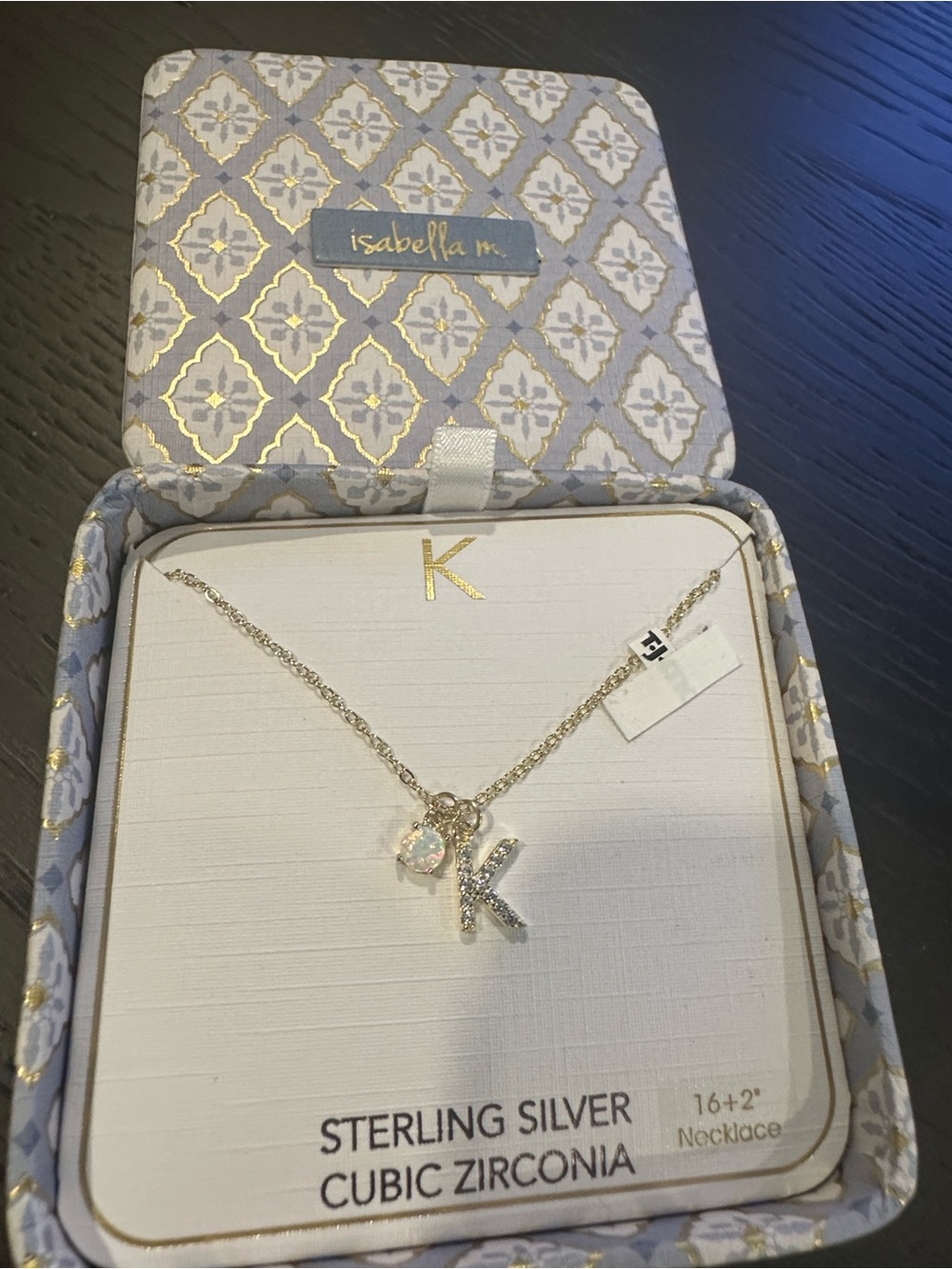 Isabella M. Sterling Silver 'K' Initial Necklace with Cubic Zirconia